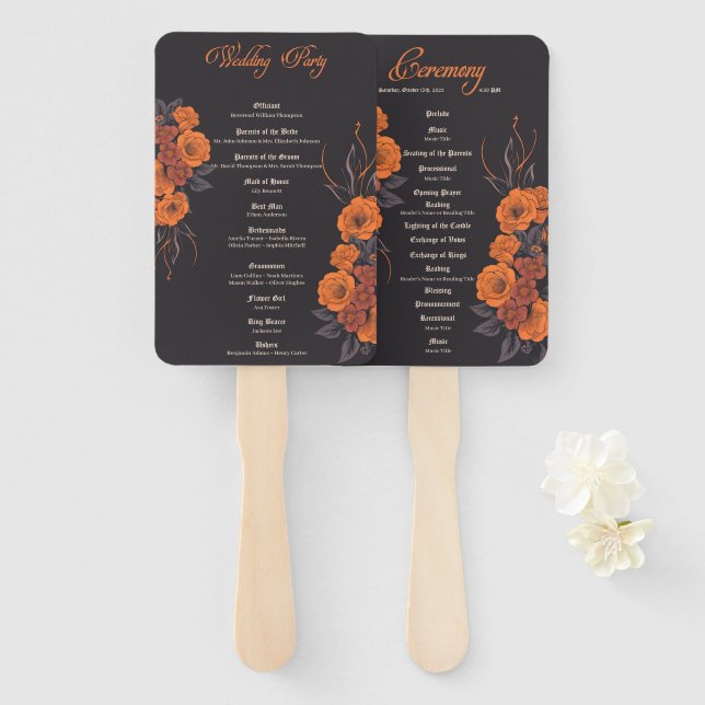 Orange Blume Gothic Minimalist Hochzeitsprogramm Fächer (Vorne und Hinten)
