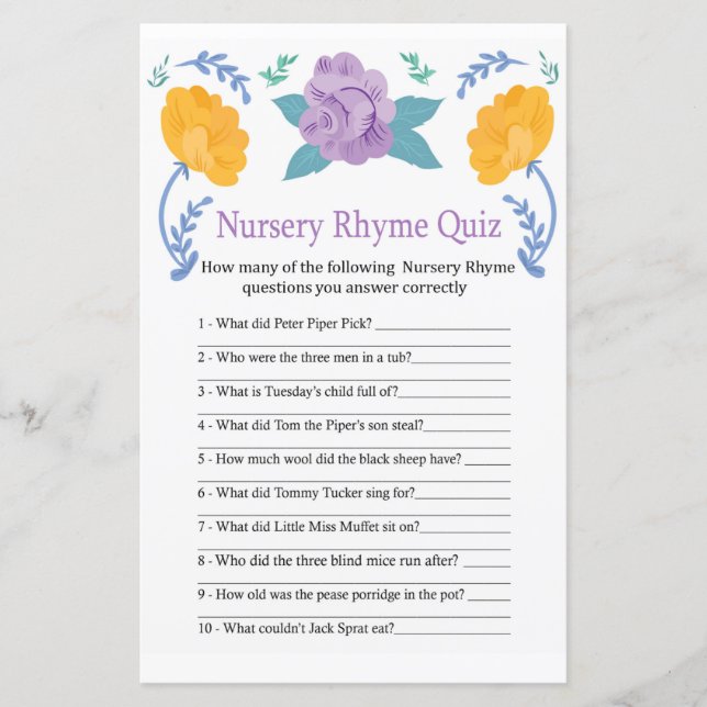 Orange Blume Kinderzimmer Rhyme Quiz Kinderduschen (Vorderseite)