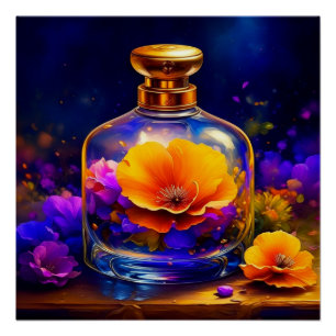 Orange Blume Lila Parfüm Flasche Poster