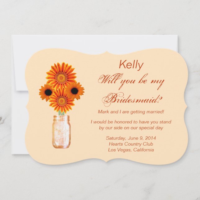 Orange Blume Mason Jar Bridesmaid Card Einladung (Vorderseite)