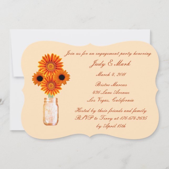 Orange Blume Mason Jar Engagement Party einladen Einladung (Vorderseite)