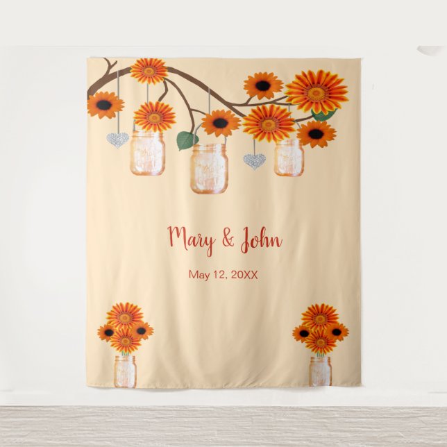 Orange Blume Mason Jars Foto Hintergrund Wandteppich (Vorderseite)