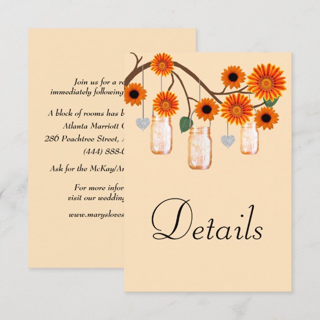 Orange Blume Mason Jars Wedding Details Begleitkarte (Vorne/Hinten)