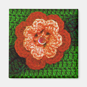 Orange Blume mit grünem Blatt-Häkelarbeit-Druck Magnet