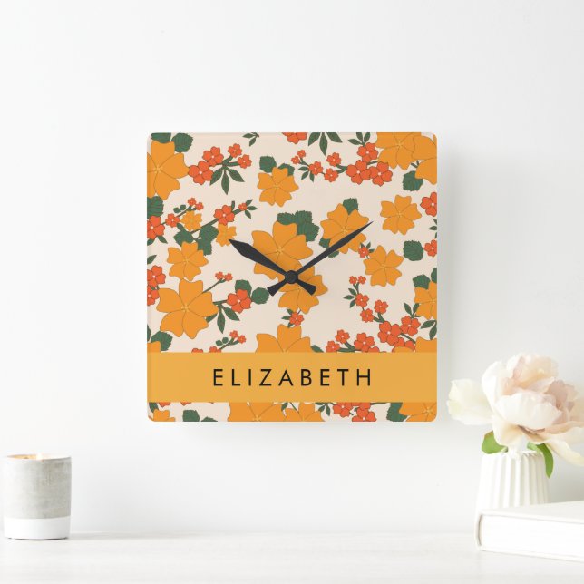 Orange Blume, Muster von Blume, Ihr Name Quadratische Wanduhr (Zuhause)