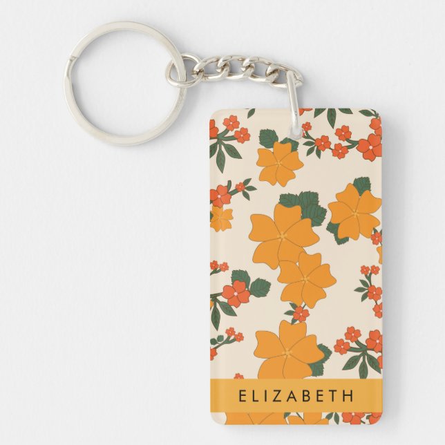 Orange Blume, Muster von Blume, Ihr Name Schlüsselanhänger (Vorderseite)
