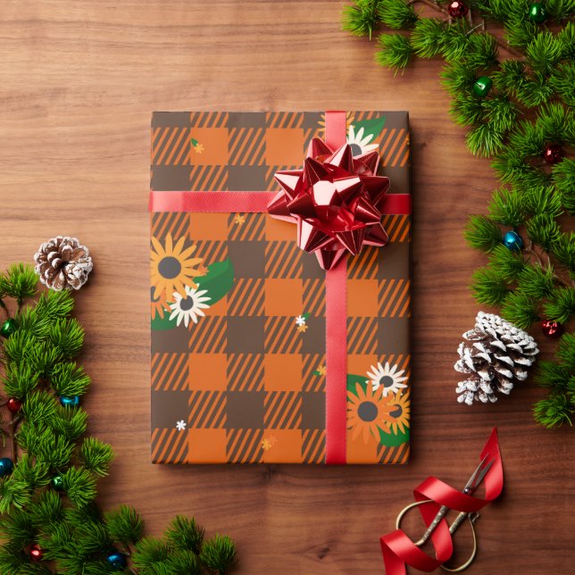 Orange Blume Schachbrett Wrapping Paper Geschenkpapier (Feiertagsgeschenk)