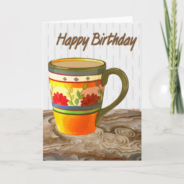 Orange Blume Tasse auf Stone Table Happy Birthday Karte (Vorderseite)