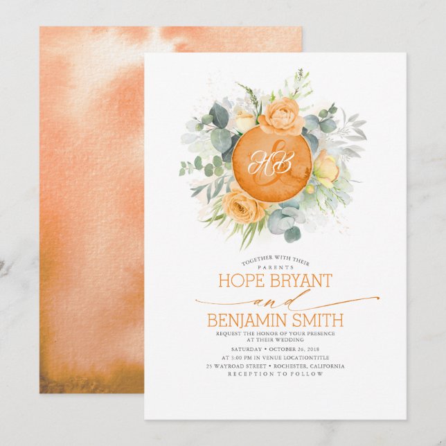 Orange Blume und Eukalyptus Greenerity Wedding Einladung (Vorne/Hinten)