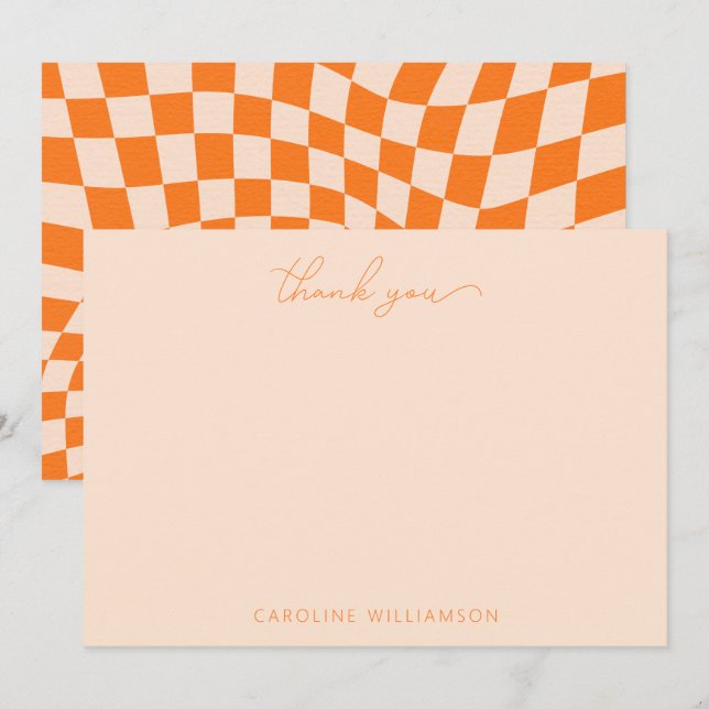 Orange Blush Abstrakt Checkerboard Individuelle Na Dankeskarte (Vorne/Hinten)