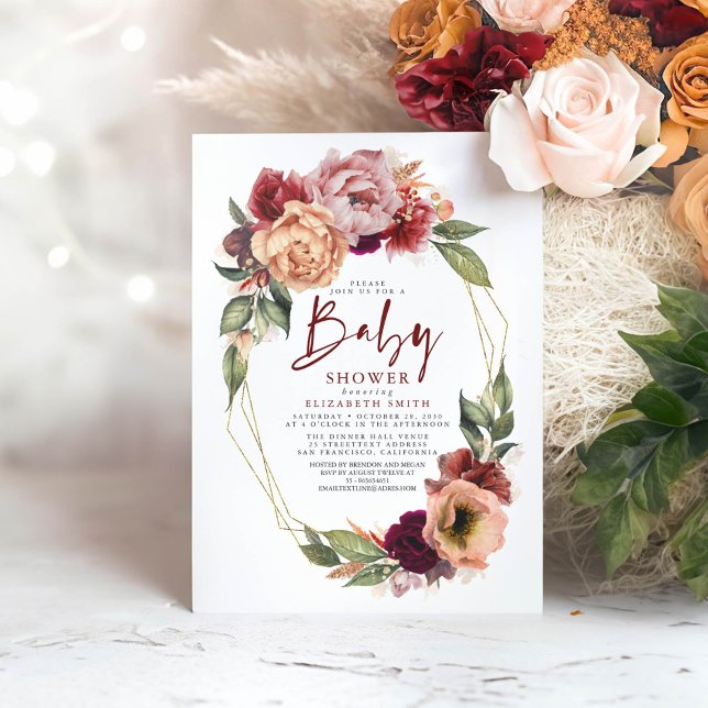 Orange Blush Burgundy Red Floral Fall Baby Dusche Einladung (Burgundy Red and Terracotta Floral Baby Shower Invitation)