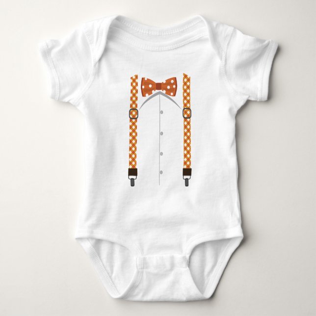 Orange Bogen-Krawatte u. Hosenträger-Bodysuit Baby Strampler (Vorderseite)