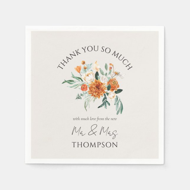Orange Boho Fall Floral Neuer Herr Mrs. Serviette (Vorderseite)