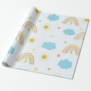 Orange Boho Regenbogen mit Sonne und Wolken  Geschenkpapier