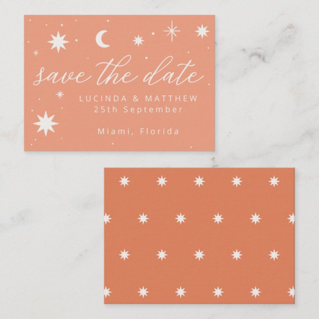 Orange Boho Starry Wedding Save the Date Card Mitteilungskarte (Vorne/Hinten)