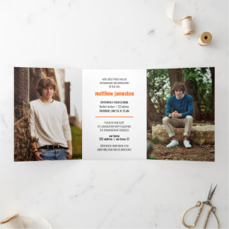 Orange Bold & Modern Foto Abschluss Dreifach Gefaltete Einladung
