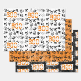 Orange Boo Halloween Spooky Skull Pattern Geschenkpapier Set