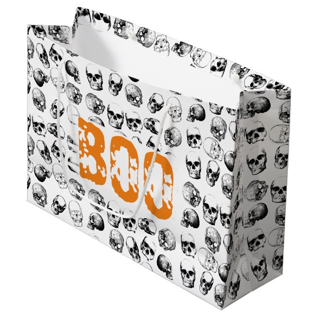 Orange Boo Halloween Spooky Skull Pattern Große Geschenktüte (Vorderseite Schrägansicht)