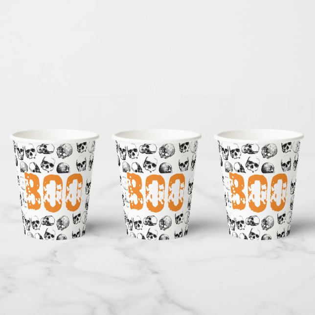 Orange Boo Halloween Spooky Skull Pattern Pappbecher (Multi)