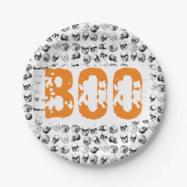Orange Boo Halloween Spooky Skull Pattern Pappteller (Vorderseite)