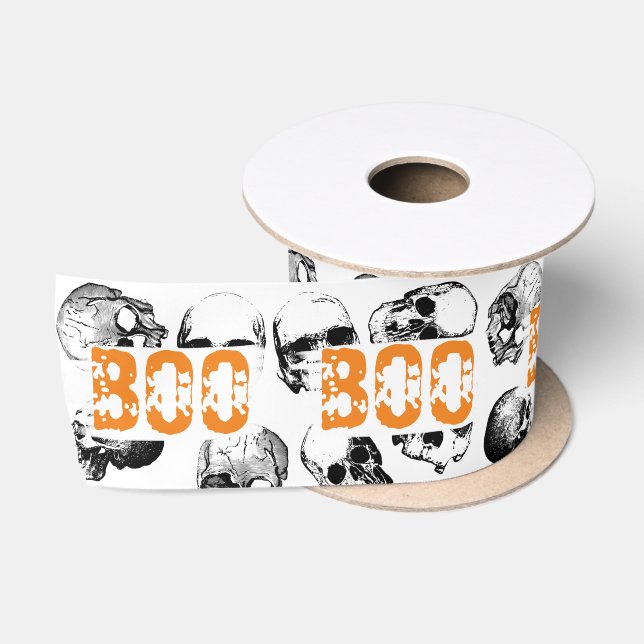 Orange Boo Halloween Spooky Skull Pattern Satinband (Spule)