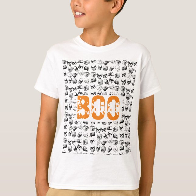 Orange Boo Halloween Spooky Skull Pattern T-Shirt (Vorderseite)