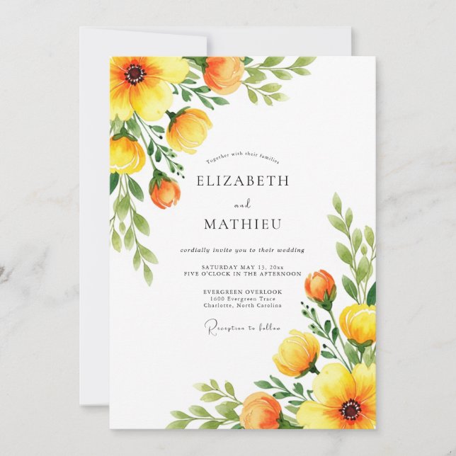 Orange Botanical Blossom Wedding Einladung (Vorderseite)