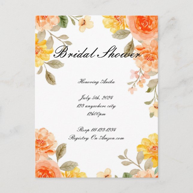 ORANGE BOTANICAL BRIDAL SHOWING INVITATION ANKÜNDIGUNGSPOSTKARTE (Vorderseite)