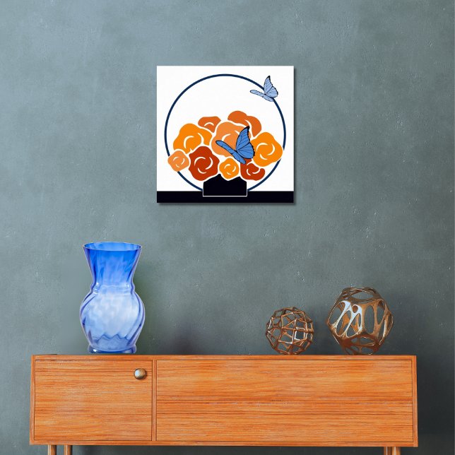 Orange Bouquet & Blue Butterflies Square Poster (Blue & Orange Bouquet & Butterflies Square Poster, Entryway)