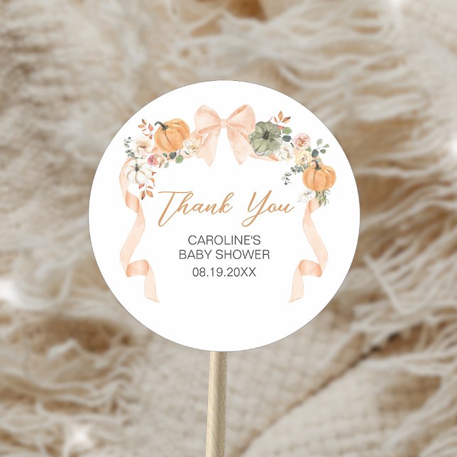 Orange Bow Pumpkin Baby Dusche Runder Aufkleber (Orange Bow Pumpkin Baby Shower Sticker)