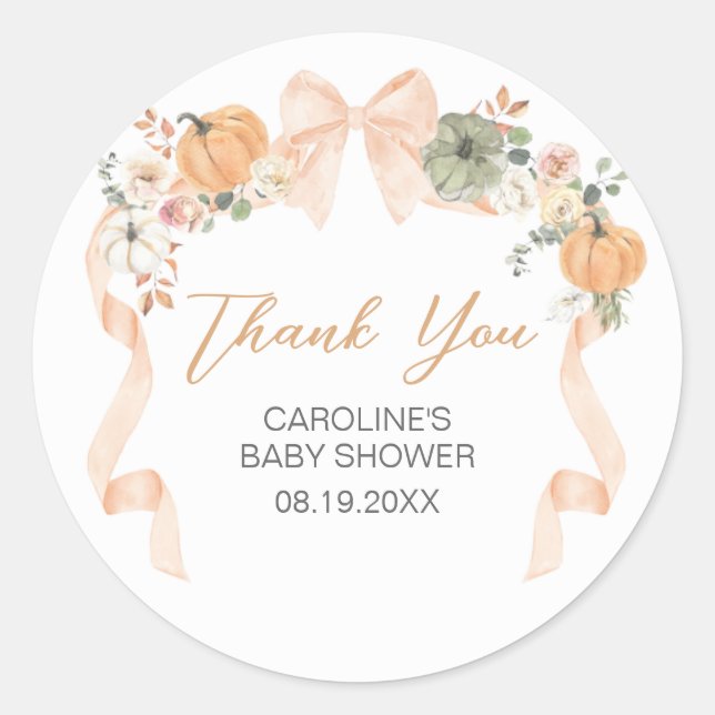 Orange Bow Pumpkin Baby Dusche Runder Aufkleber (Vorderseite)