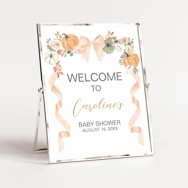 Orange Bow Pumpkin Baby Shower Welcome Sign Poster (Orange Pumpkin Baby Shower Welcome Sign)