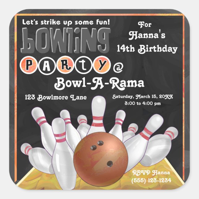 Orange Bowling Party Einladungsaufkleber Quadratischer Aufkleber (Vorderseite)