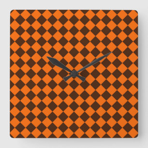 Orange-Braun-Diamant-Schachbrettmuster Quadratische Wanduhr