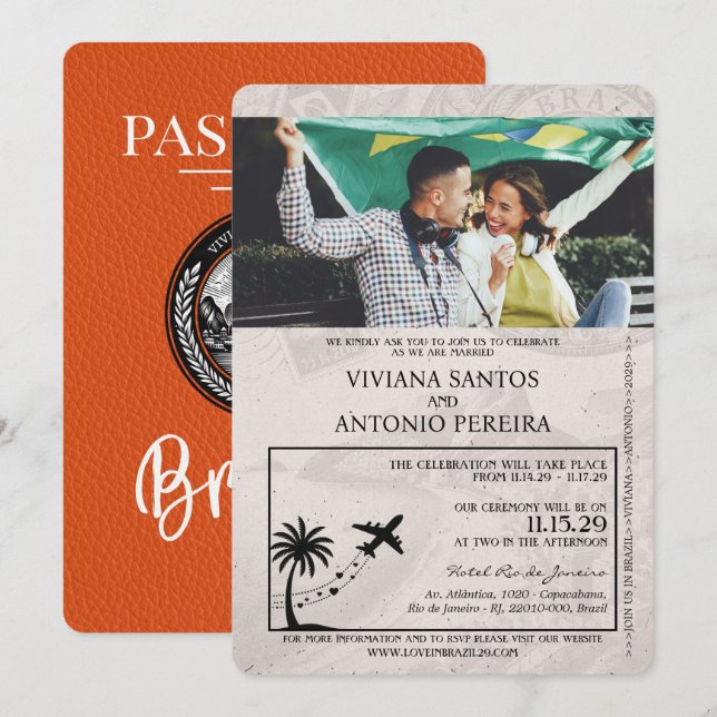 Orange Brazil Passport Wedding Einladung (Vorne/Hinten)