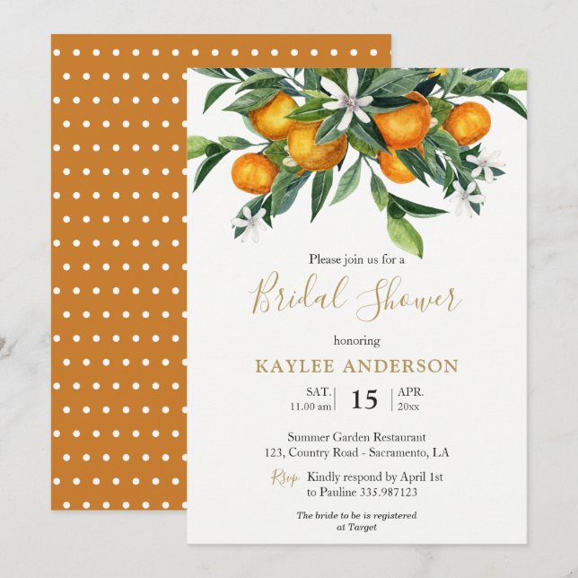 Orange Bridal Dusche Einladungskarte (Vorne/Hinten)
