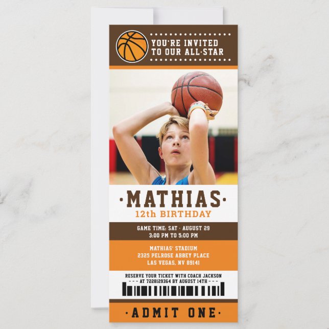 Orange Brown Basketball Ticket Geburtstag Foto Einladung (Vorderseite)