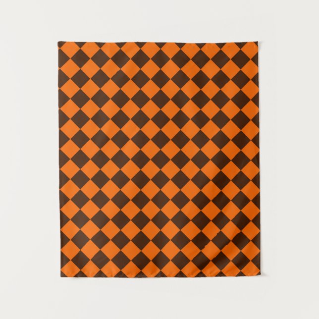 Orange Brown Diamond Schachbrett Pattern Wandteppich (Vorderseite)