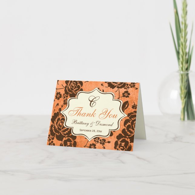 Orange Brown Ivory Floral Damask Danke Karte (Vorderseite)