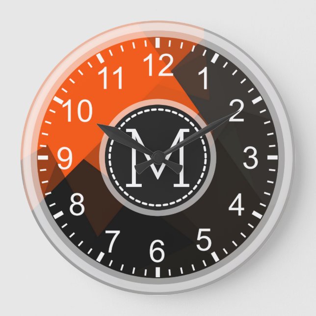 Orange Brown Mosaik Modern Monogram Große Wanduhr (Vorderseite)