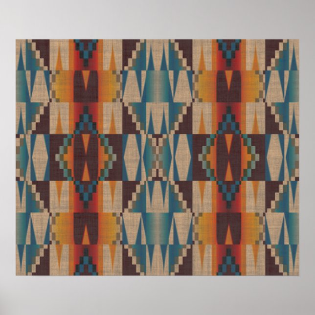 Orange Brown Red Aquamarin Blue Ethnic Tribal Mosa Poster (Vorne)