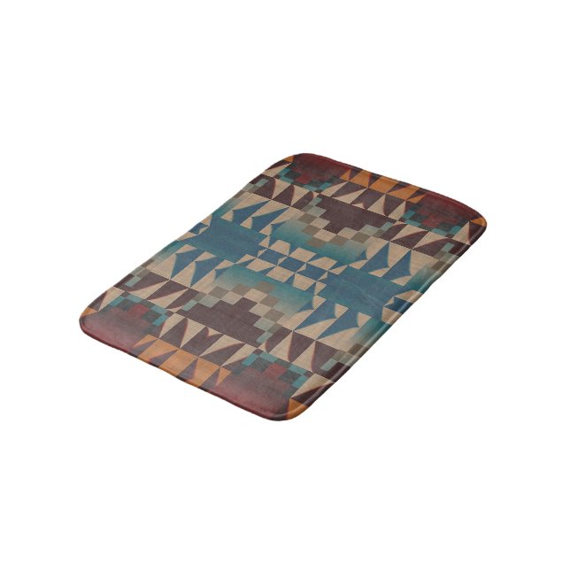 Orange Brown Red Aquamarin Blue Tribal Mosaik Must Badematte (Schrägansicht)