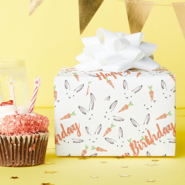 Orange Bunny Happy Birthday Wrapping Paper Geschenkpapier (Geburtstagsparty)