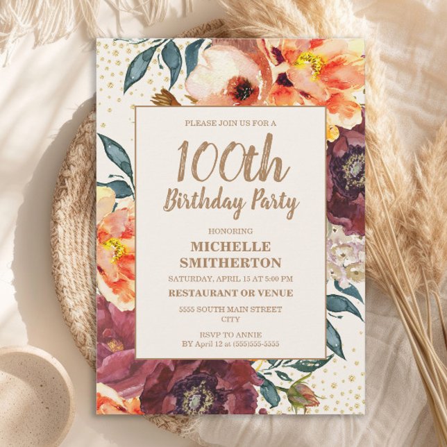 Orange Burgundy Fall Floral Gold Glitzer 100. Einladung (Orange and burgundy watercolor floral 100th birthday party invitation)