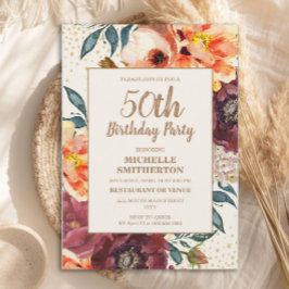 Orange Burgundy Fall Floral Gold Glitzer 50. Einladung