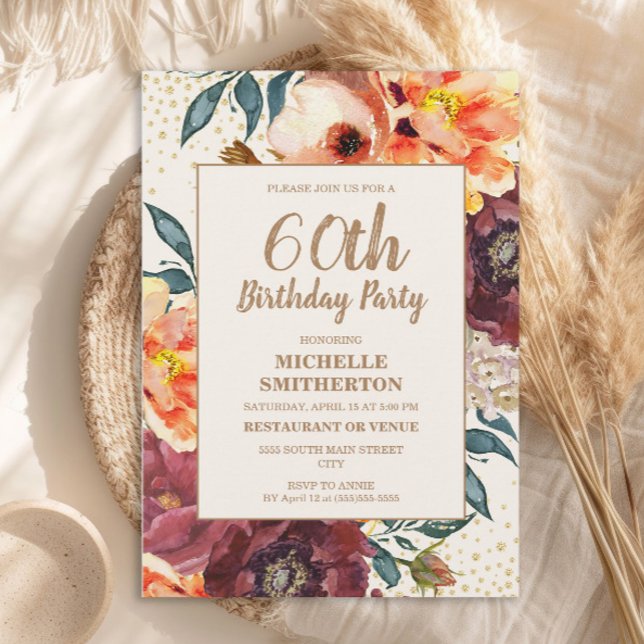 Orange Burgundy Fall Floral Gold Glitzer 60. Einladung (Orange and burgundy watercolor floral 60th birthday party invitation)