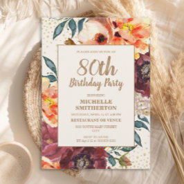 Orange Burgundy Fall Floral Gold Glitzer 80. Einladung