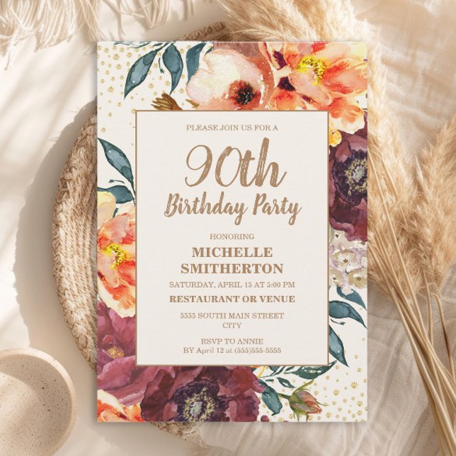 Orange Burgundy Fall Floral Gold Glitzer 90. Einladung (Orange and burgundy watercolor floral 90th birthday party invitation)