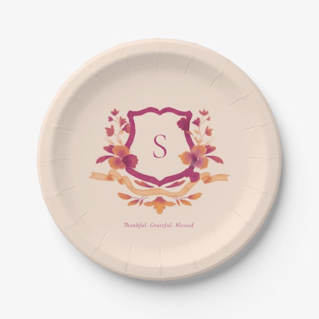 Orange Burgundy Monogram Fall Erntedank Pappteller (Vorderseite)