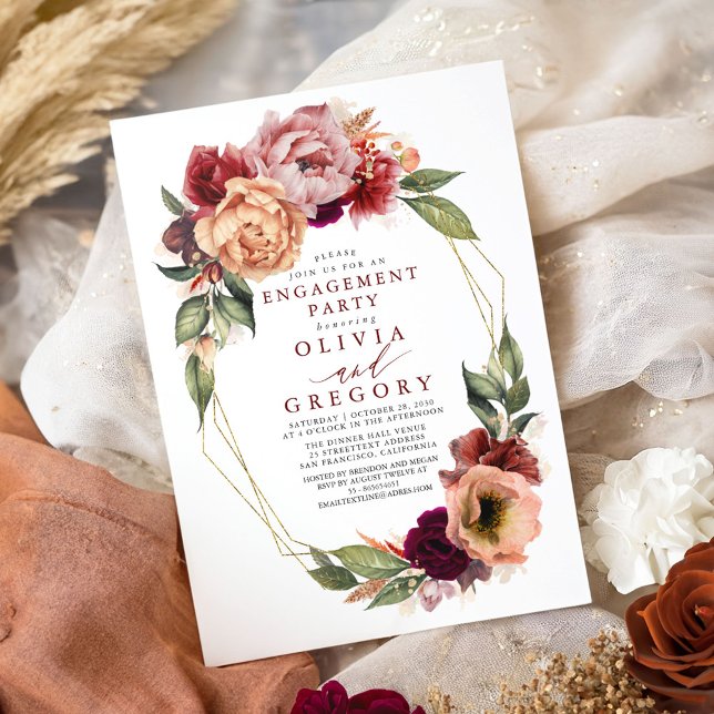 Orange Burgundy Red Fall Engagement Party Einladung (Fall Engagement Party Invitations)